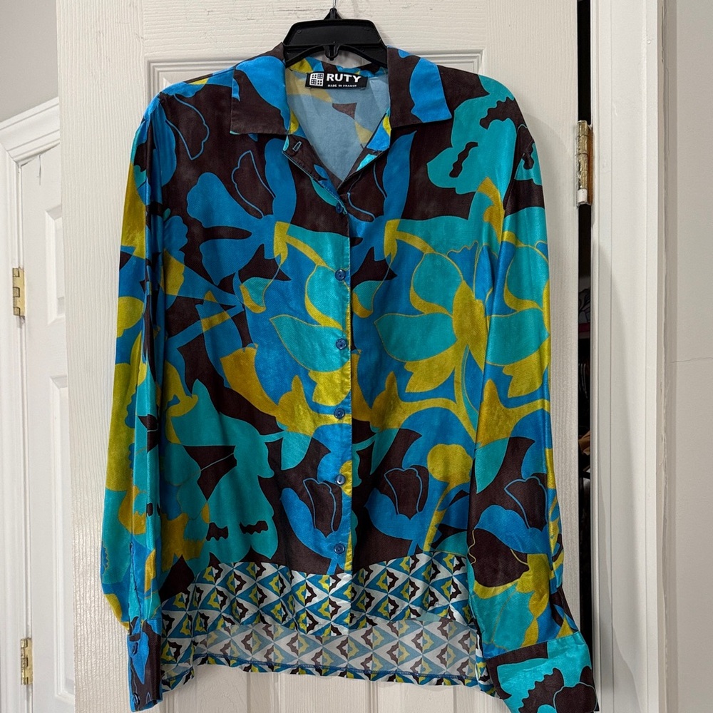 Floral Button-Up Blouse in Teal & Mustard